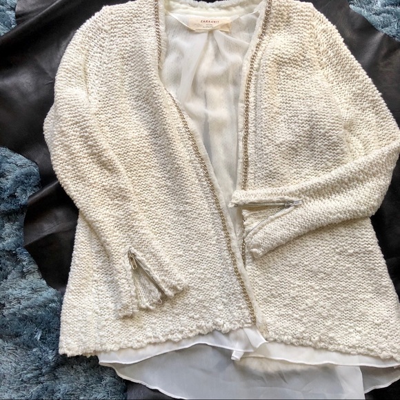 Zara Knit Jacket Sweater With Chiffon & Open Back - Picture 1 of 8